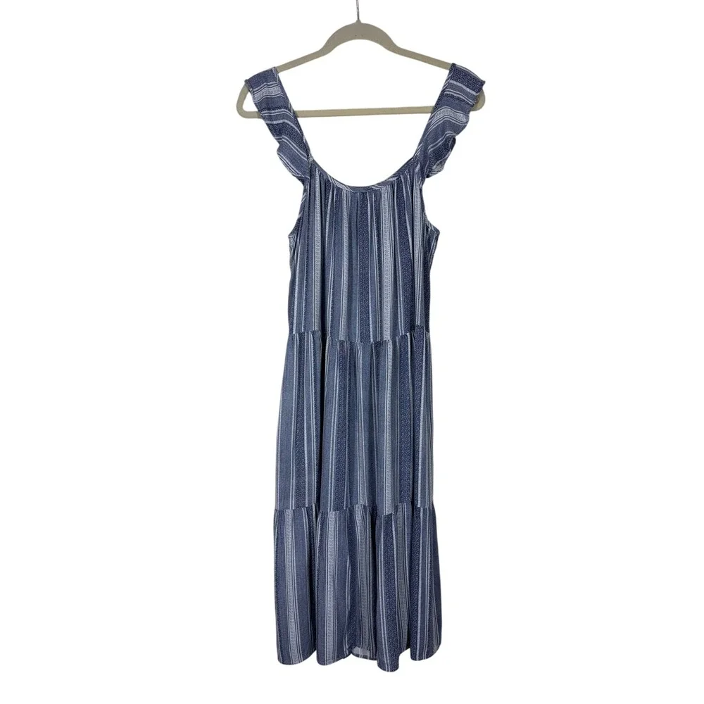 Ecothreads Womens Tiered Midi Dress M Blue Striped Ruffle Sleeve Boho Sundress